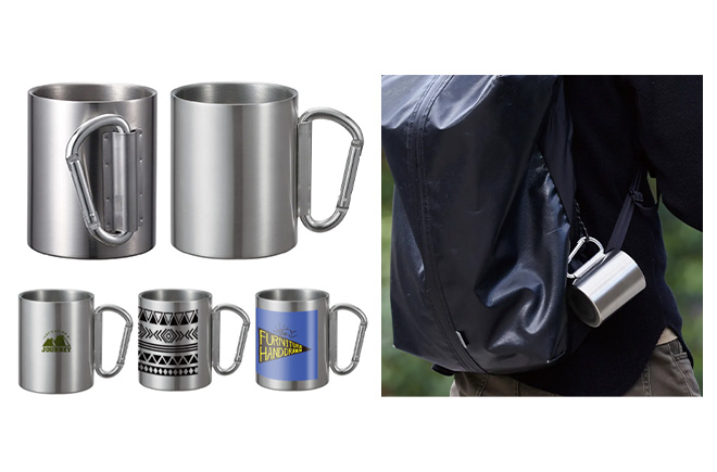 ステンレスマグ 折りたたみカラビナ持ち手 | オリジナルグッズ・OEM