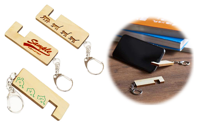 木製(ヒノキ) スマホスタンド キーホルダー | オリジナルグッズ・OEM